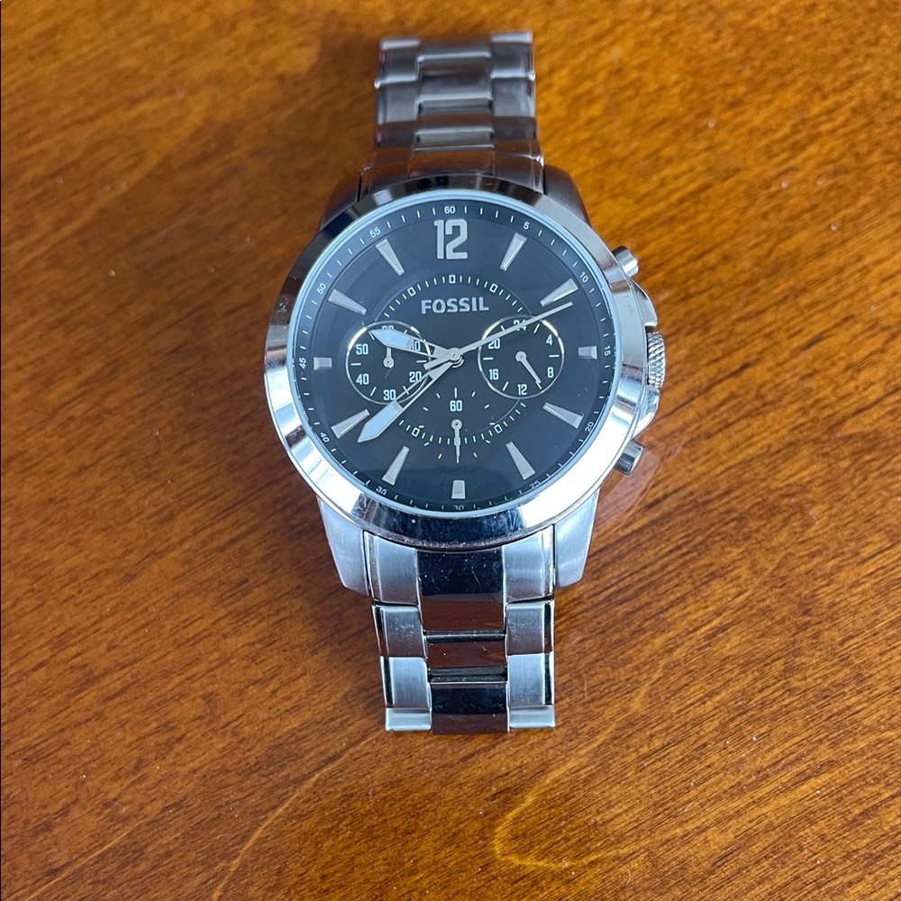 Fossil Black Dial Silver Band Watch